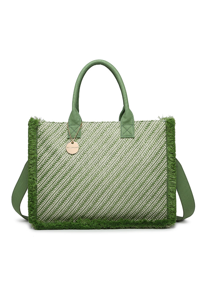 KASSANDRA Elegant Diagonal Striped Woven Tote Bag Green