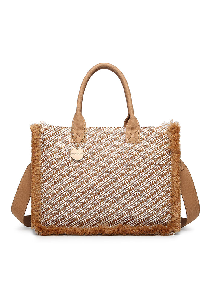 KASSANDRA Elegant Diagonal Striped Woven Tote Bag Taupe