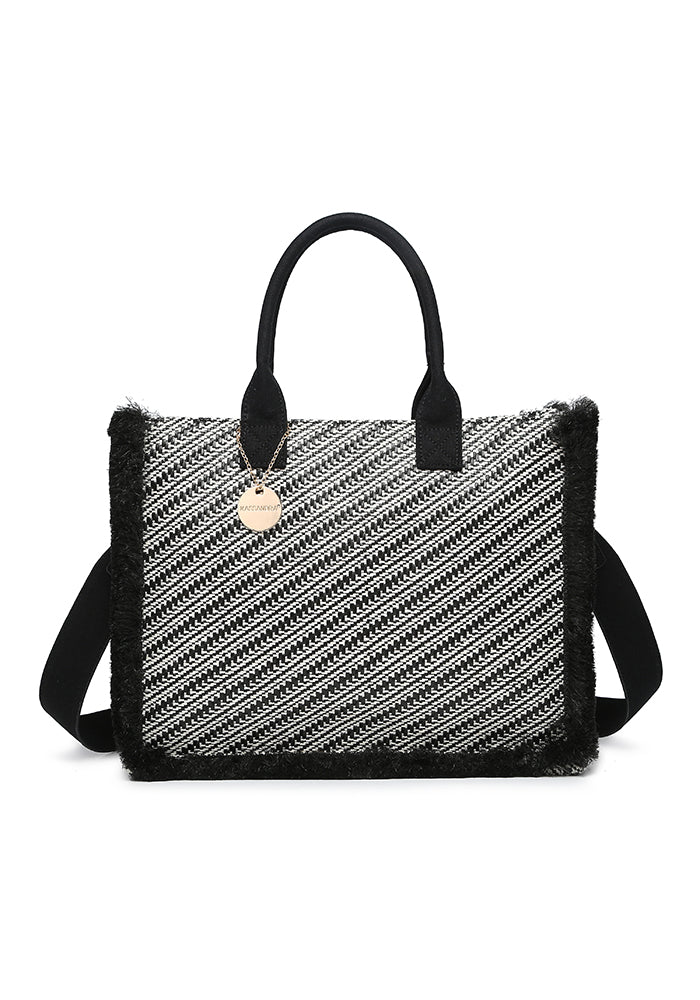 KASSANDRA Elegant Diagonal Striped Woven Tote Bag Black