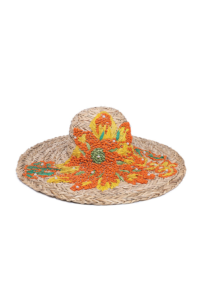 KASSANDRA Vibrant Floral Embroidered Straw Hat Orange
