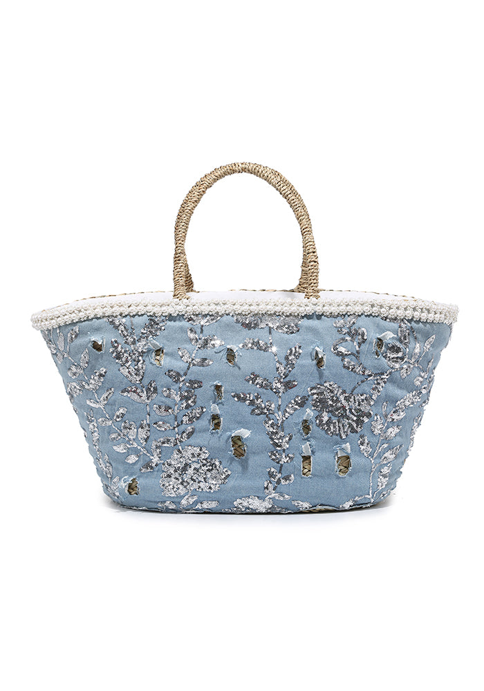 Elegant Blue Sequin Embroidered Straw Beach Tote Bag
