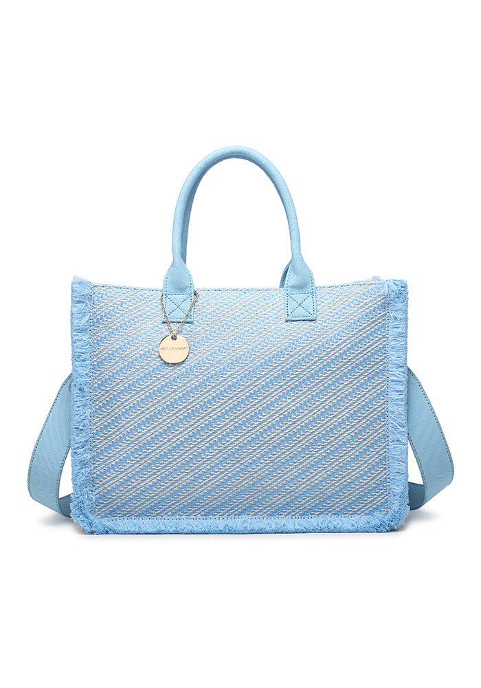 KASSANDRA Elegant Diagonal Striped Woven Tote Bag Navy