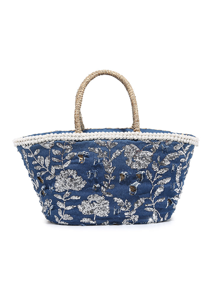 Elegant Blue Sequin Embroidered Straw Beach Tote Bag