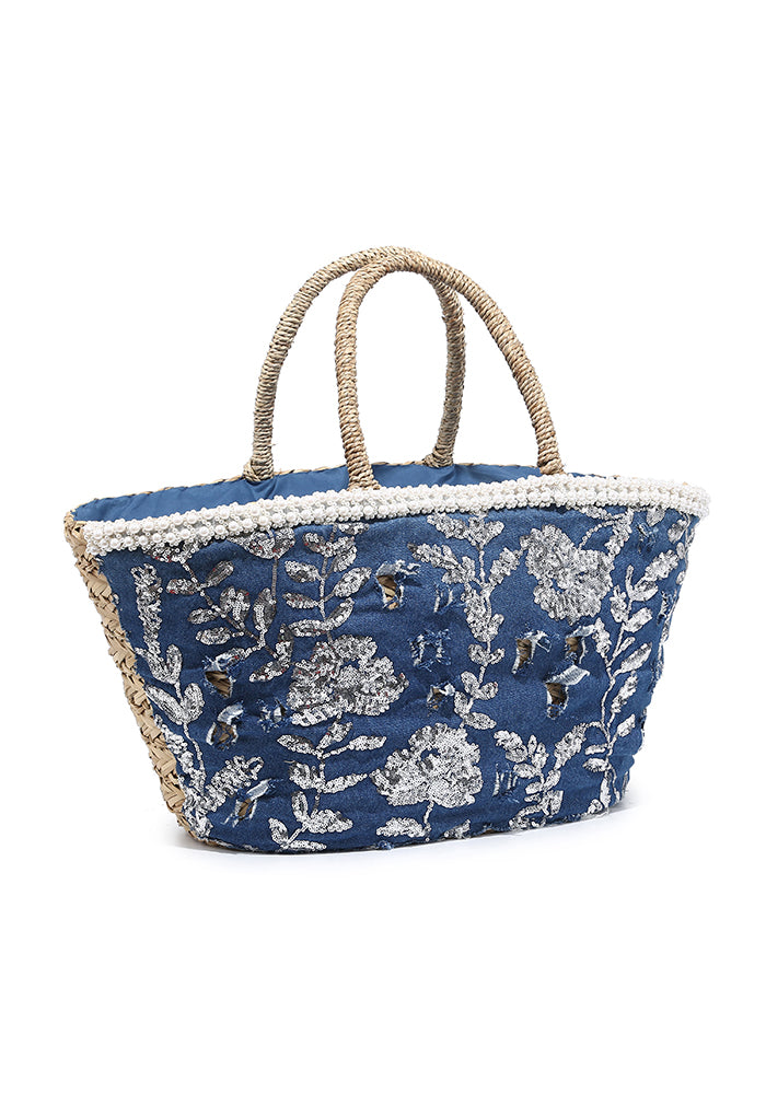 Elegant Blue Sequin Embroidered Straw Beach Tote Bag