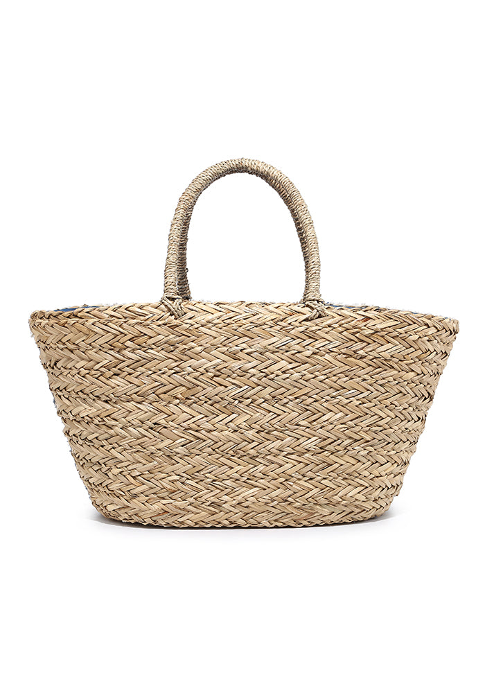 Elegant Blue Sequin Embroidered Straw Beach Tote Bag