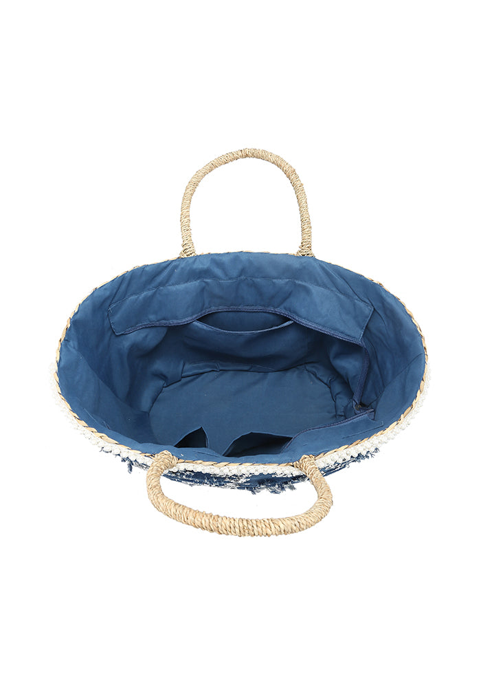 Elegant Blue Sequin Embroidered Straw Beach Tote Bag