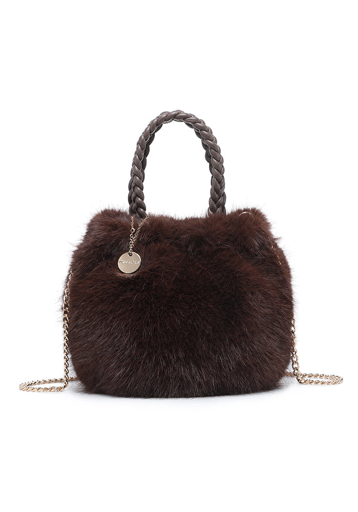 Faux Fur Braided-Handle Mini Bucket Tote