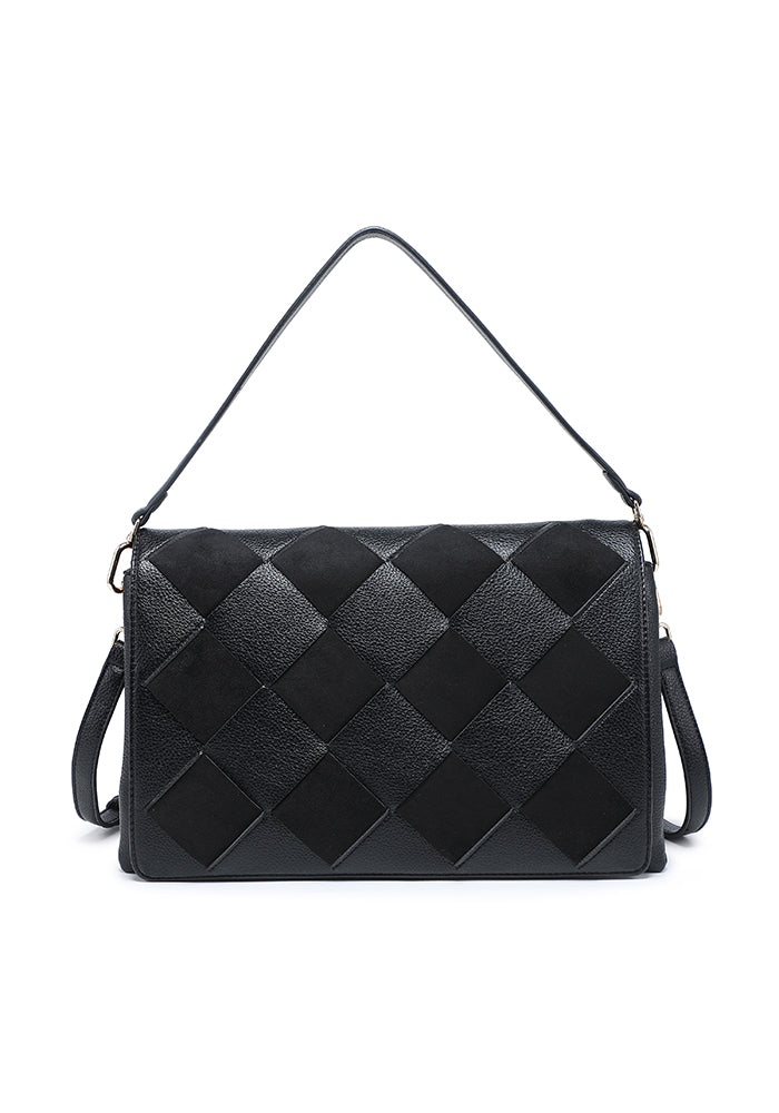 Woven Patchwork Accordion Flap Shoulder Bag