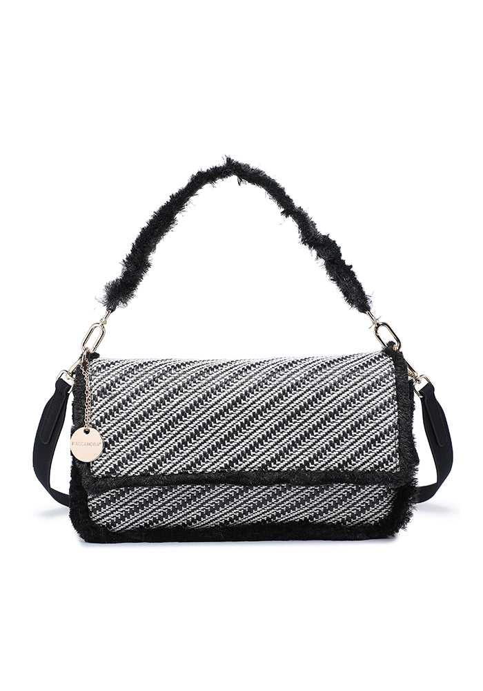 KASSANDRA Fringed Flap Shoulder Bag Black
