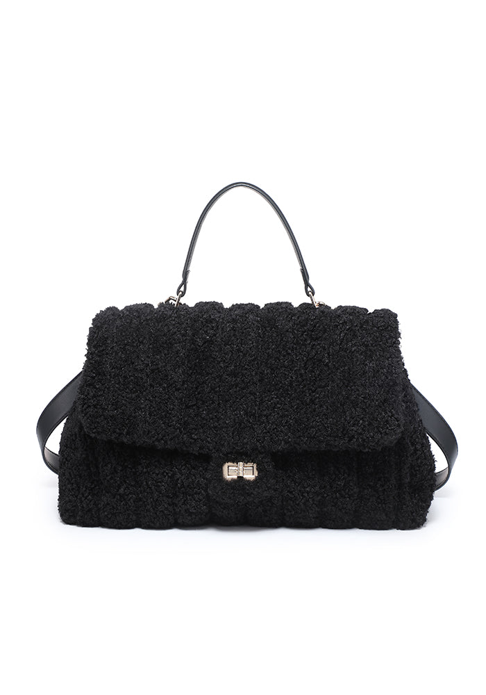 Teddy Bouclé Flap Satchel with Turn-Lock