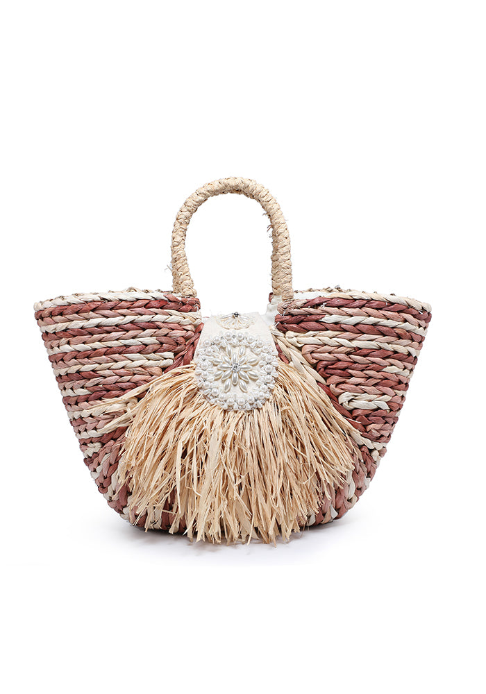 KASSANDRA Multi-Color Striped Straw Tote Bag with Floral Accent Beige