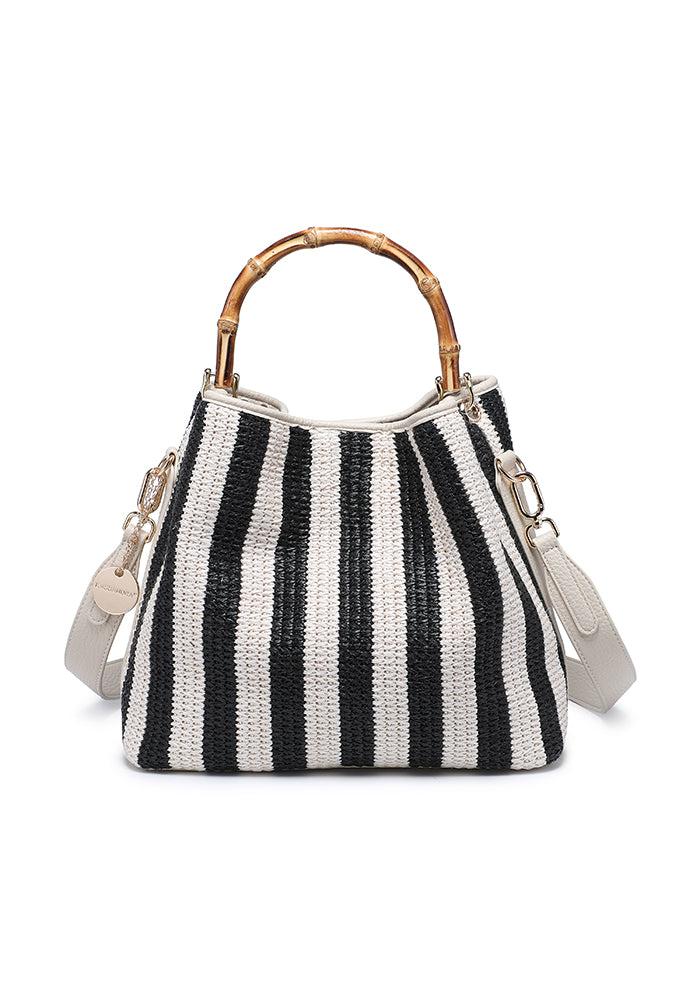 KASSANDRA Chic Striped Woven Tote Bag with Bamboo Handle Black