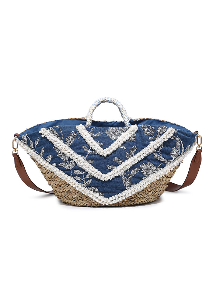 KASSANDRA Exquisite Blue Pearl and Sequin Embroidered Straw Beach Tote Bag Navy