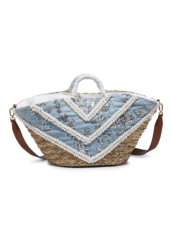 KASSANDRA Exquisite Blue Pearl and Sequin Embroidered Straw Beach Tote Bag Blue