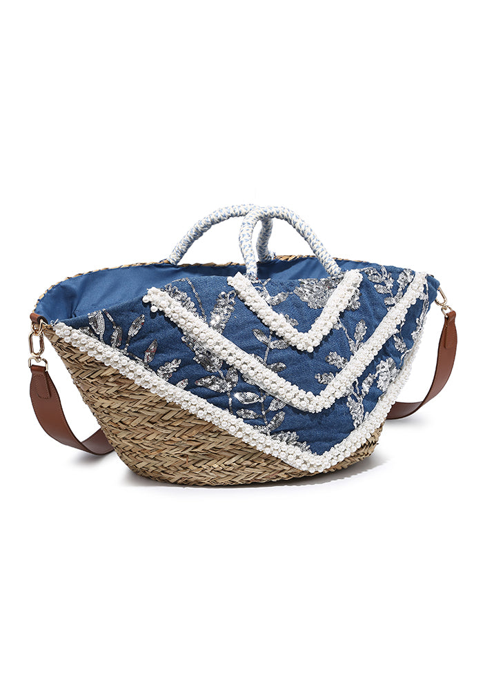 KASSANDRA Exquisite Blue Pearl and Sequin Embroidered Straw Beach Tote Bag