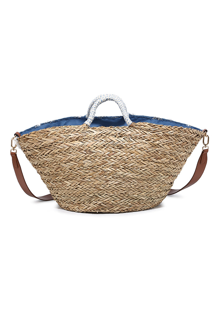 KASSANDRA Exquisite Blue Pearl and Sequin Embroidered Straw Beach Tote Bag