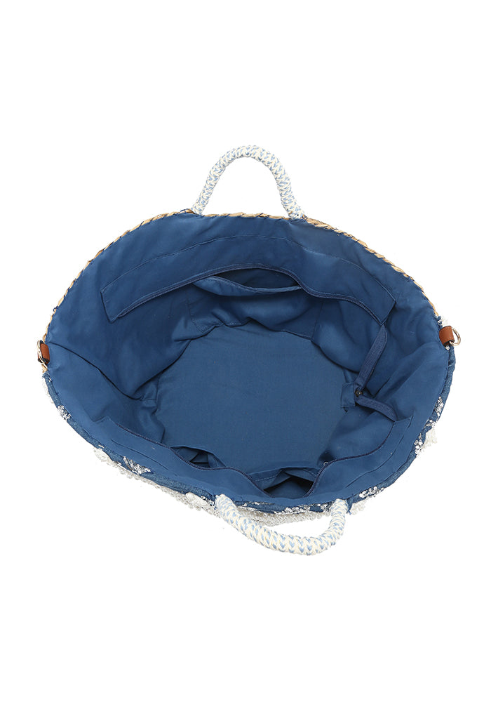 KASSANDRA Exquisite Blue Pearl and Sequin Embroidered Straw Beach Tote Bag