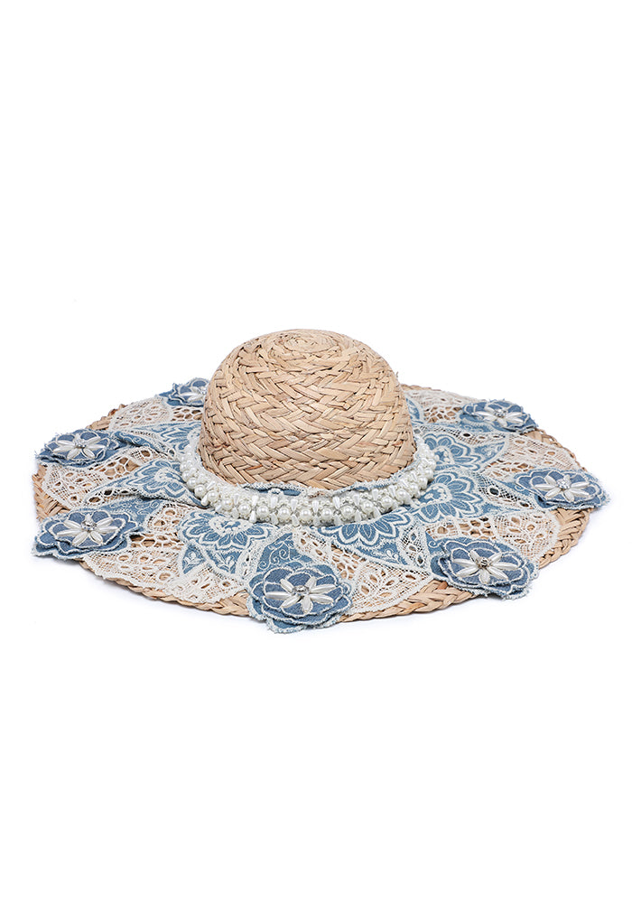 KASSANDRA Elegant Floral Lace Embellished Straw Hat