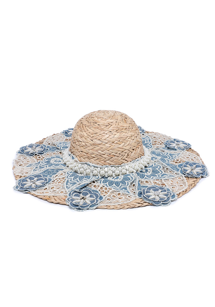 KASSANDRA Elegant Floral Lace Embellished Straw Hat Navy