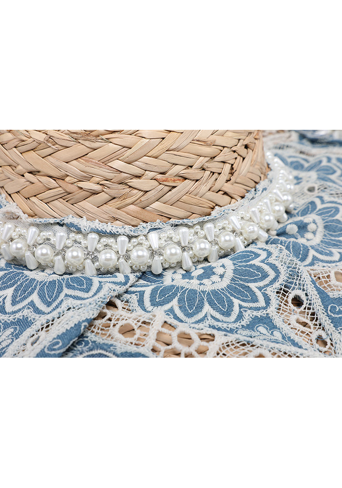 KASSANDRA Elegant Floral Lace Embellished Straw Hat