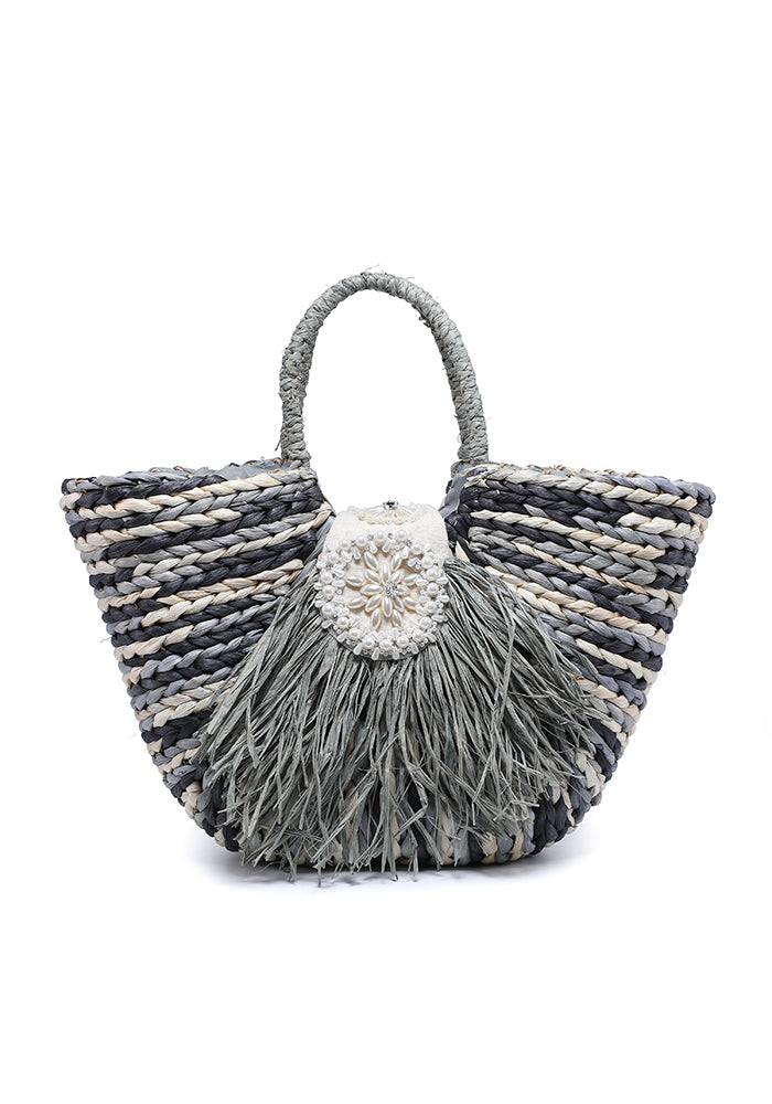 KASSANDRA Multi-Color Striped Straw Tote Bag with Floral Accent Black
