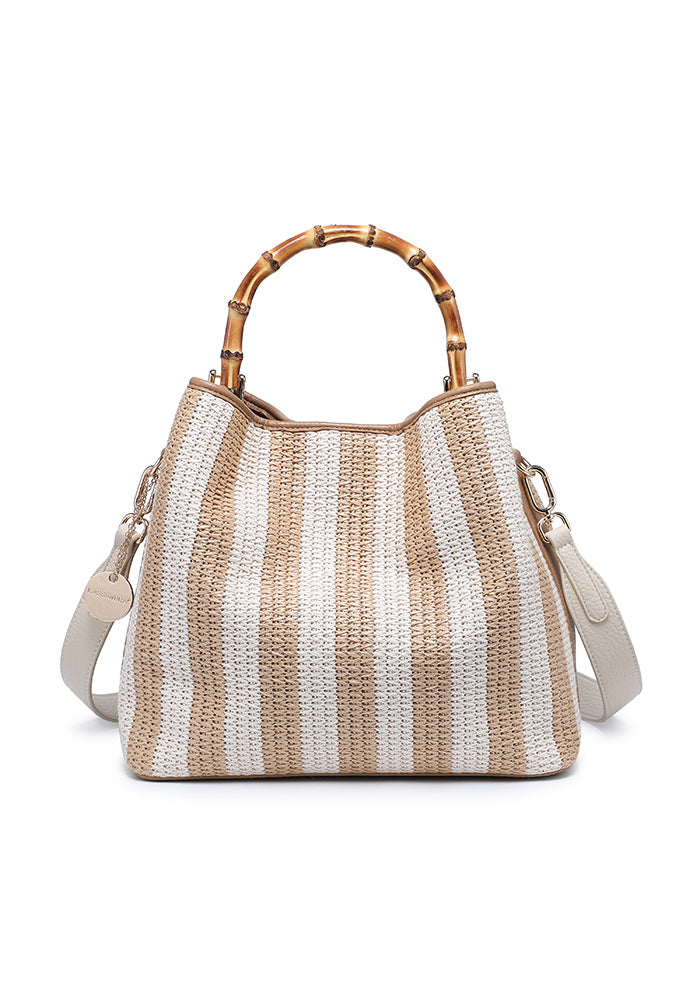 KASSANDRA Chic Striped Woven Tote Bag with Bamboo Handle Beige