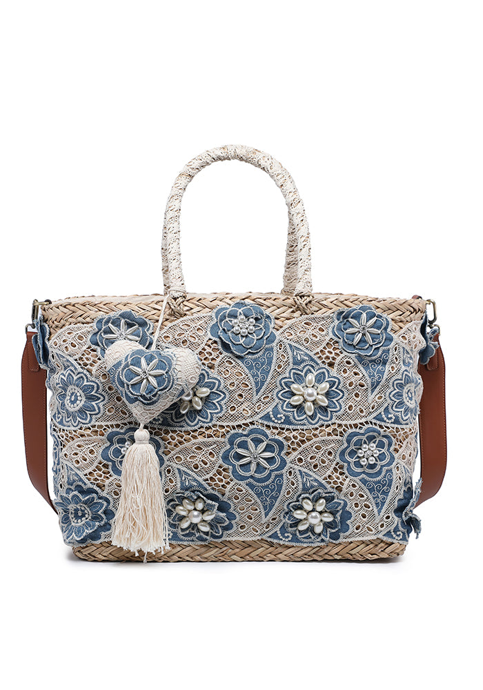 KASSANDRA Elegant Blue Floral Embroidered Straw Tote Bag Navy