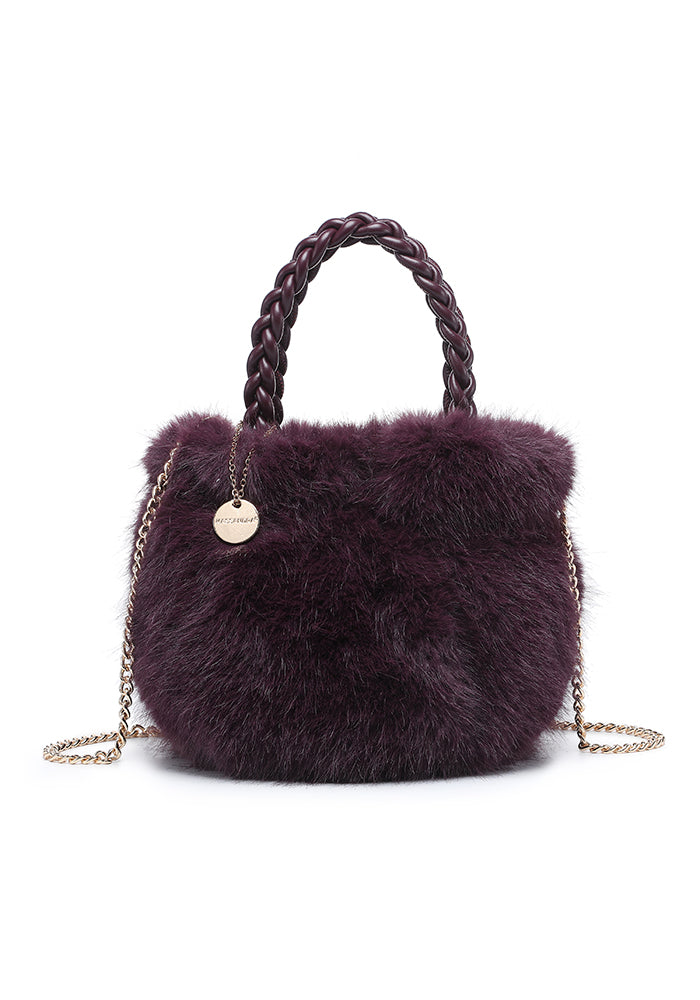 Faux Fur Braided-Handle Mini Bucket Tote