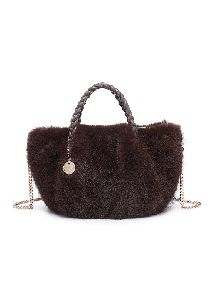 Faux Fur Braided-Handle Chain Tote