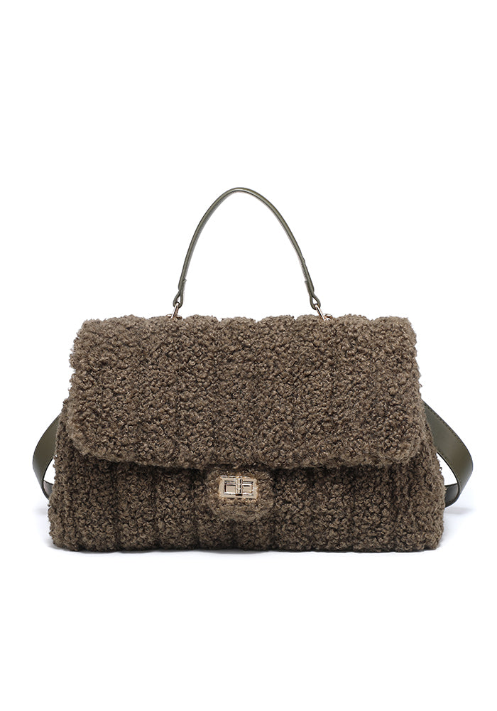 Teddy Bouclé Flap Satchel with Turn-Lock