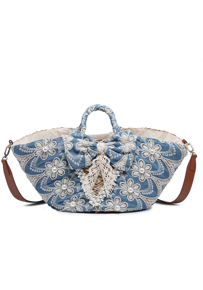 KASSANDRA Exquisite Blue Denim Floral Lace Beach Tote Bag Navy