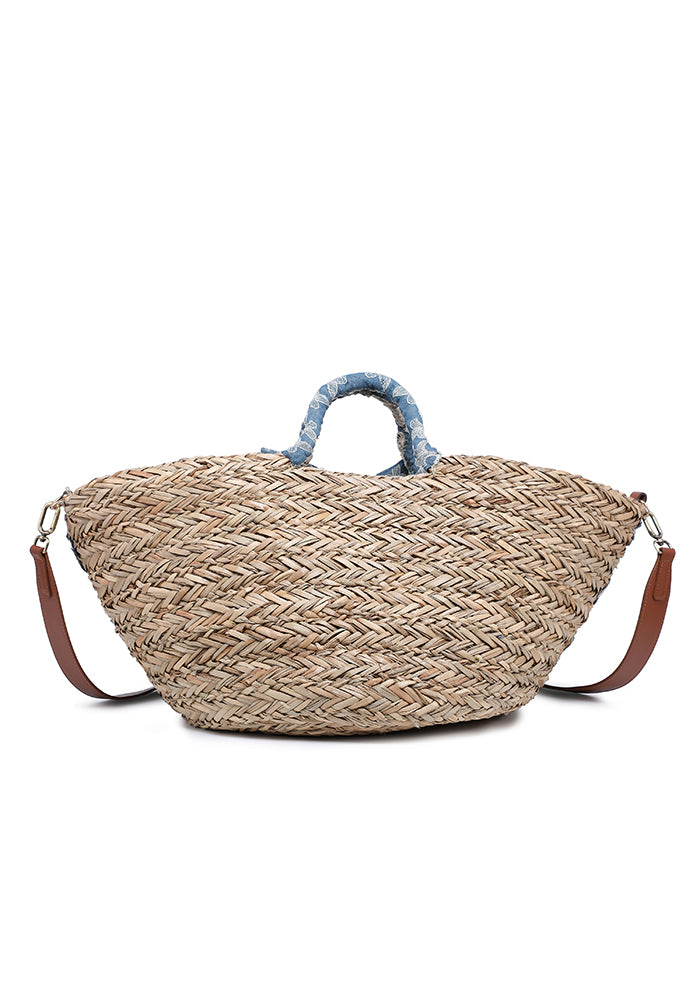 KASSANDRA Exquisite Blue Denim Floral Lace Beach Tote Bag