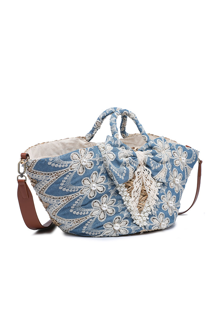 KASSANDRA Exquisite Blue Denim Floral Lace Beach Tote Bag