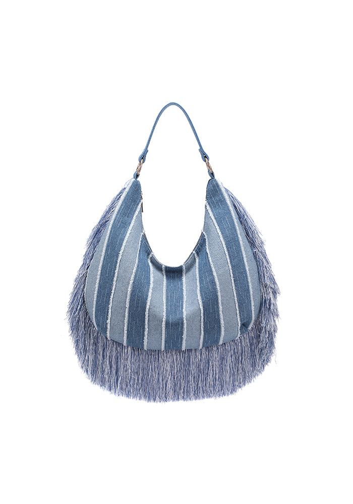 KASSANDRA Fringe Denim Hobo Bag with Striped Design White