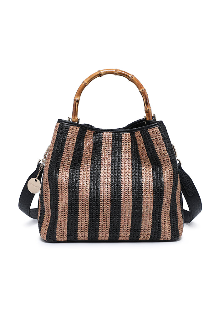KASSANDRA Chic Striped Woven Tote Bag with Bamboo Handle Dark Brown