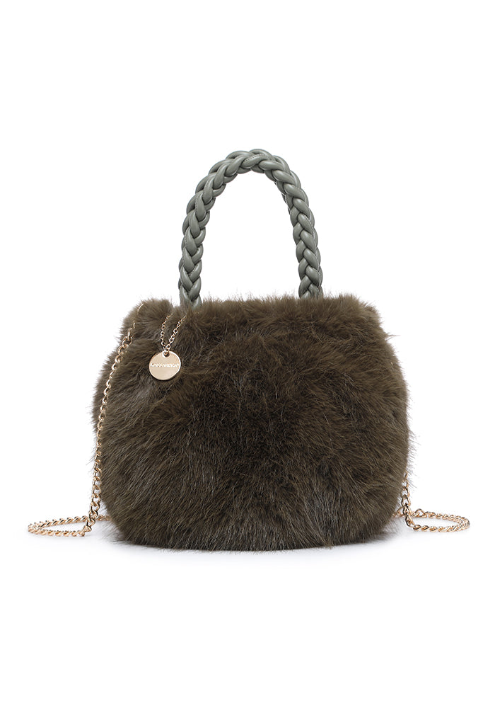 Faux Fur Braided-Handle Mini Bucket Tote