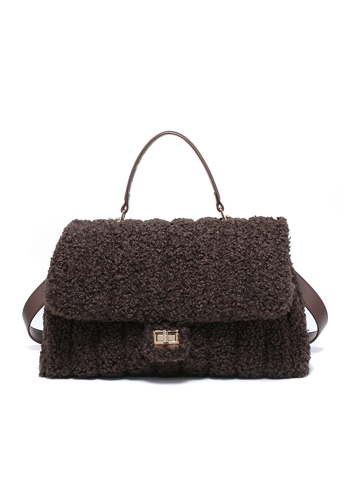 Teddy Bouclé Flap Satchel with Turn-Lock