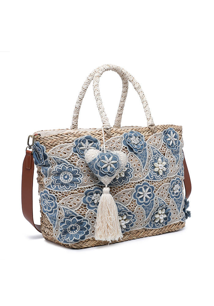 KASSANDRA Elegant Blue Floral Embroidered Straw Tote Bag