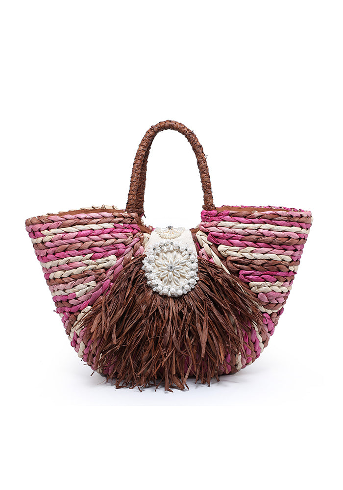KASSANDRA Multi-Color Striped Straw Tote Bag with Floral Accent Red