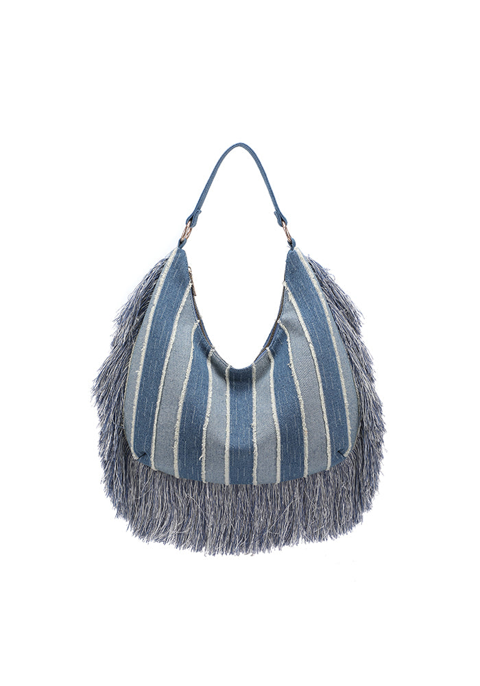 KASSANDRA Fringe Denim Hobo Bag with Striped Design Beige