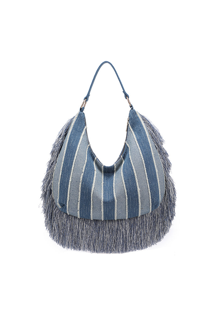 KASSANDRA Fringe Denim Hobo Bag with Striped Design