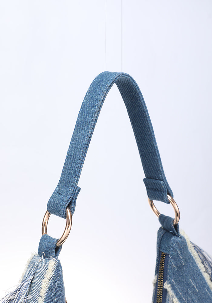 KASSANDRA Fringe Denim Hobo Bag with Striped Design
