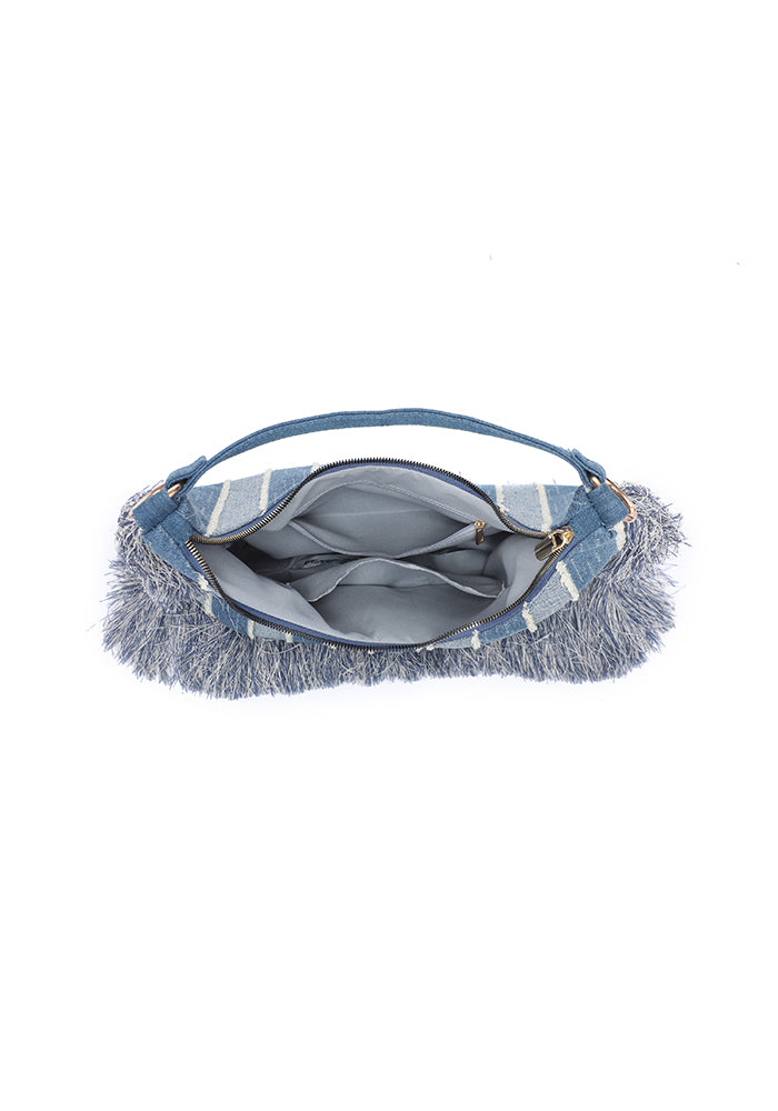 KASSANDRA Fringe Denim Hobo Bag with Striped Design