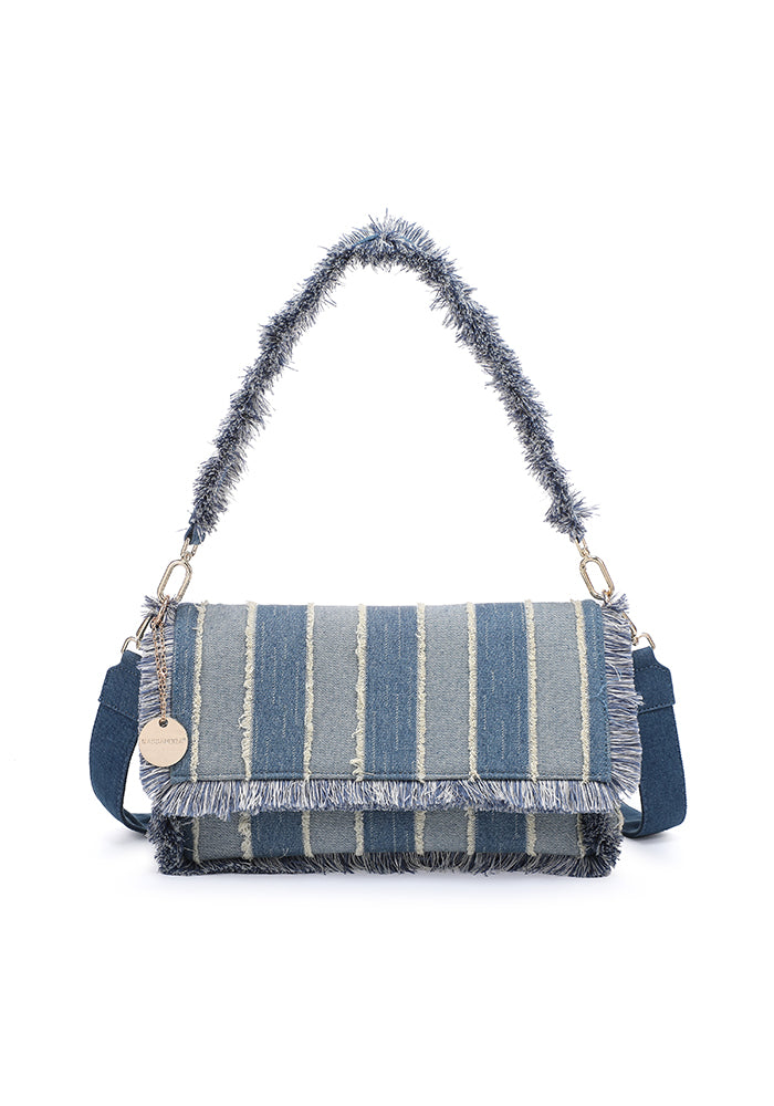 KASSANDRA Fringe Denim Crossbody Bag with Striped Design Beige