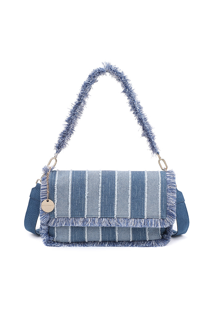 KASSANDRA Fringe Denim Crossbody Bag with Striped Design White