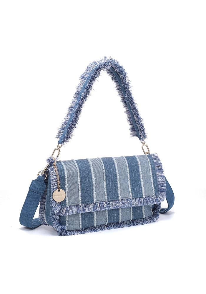 KASSANDRA Fringe Denim Crossbody Bag with Striped Design