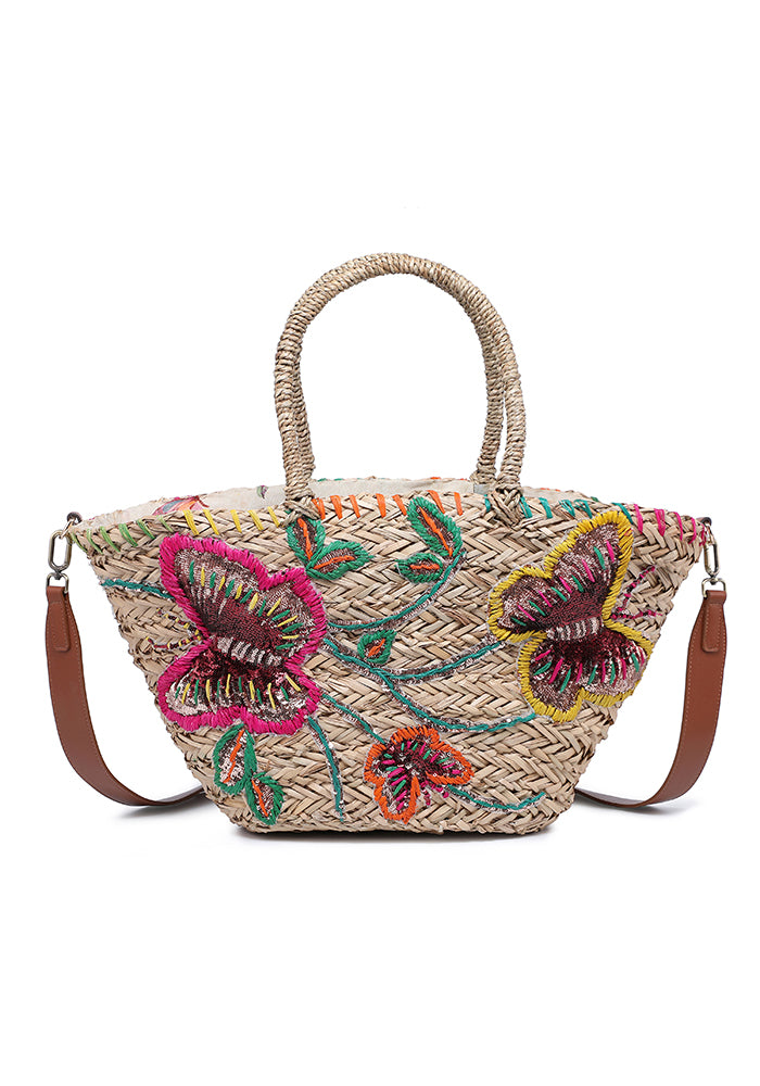 KASSANDRA Vibrant Floral Embroidered Straw Tote Bag Pink