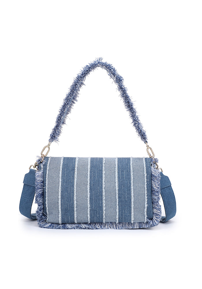 KASSANDRA Fringe Denim Crossbody Bag with Striped Design
