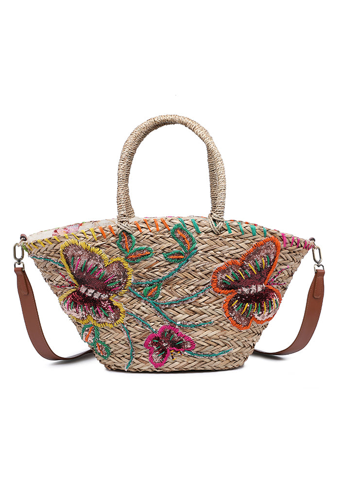 KASSANDRA Vibrant Floral Embroidered Straw Tote Bag Yellow