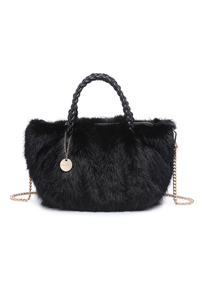 Faux Fur Braided-Handle Chain Tote
